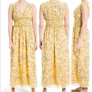 Max Studio Yellow V Neck Floral Midi Dress Size S
